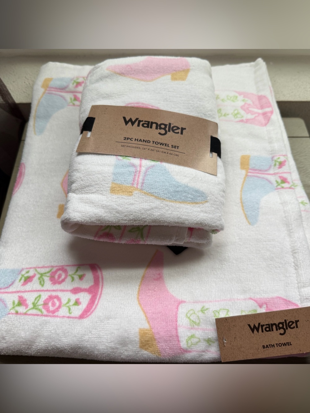 Wrangler White Hand & Bath Towel Set with Pink and Light Blue Cowgirl Boot Motif